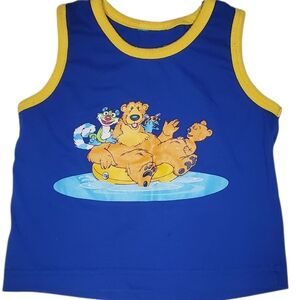 Vintage Baby Bear Graphic Tank Top Blue Yellow Trim Toddler Shirt 12–18M
